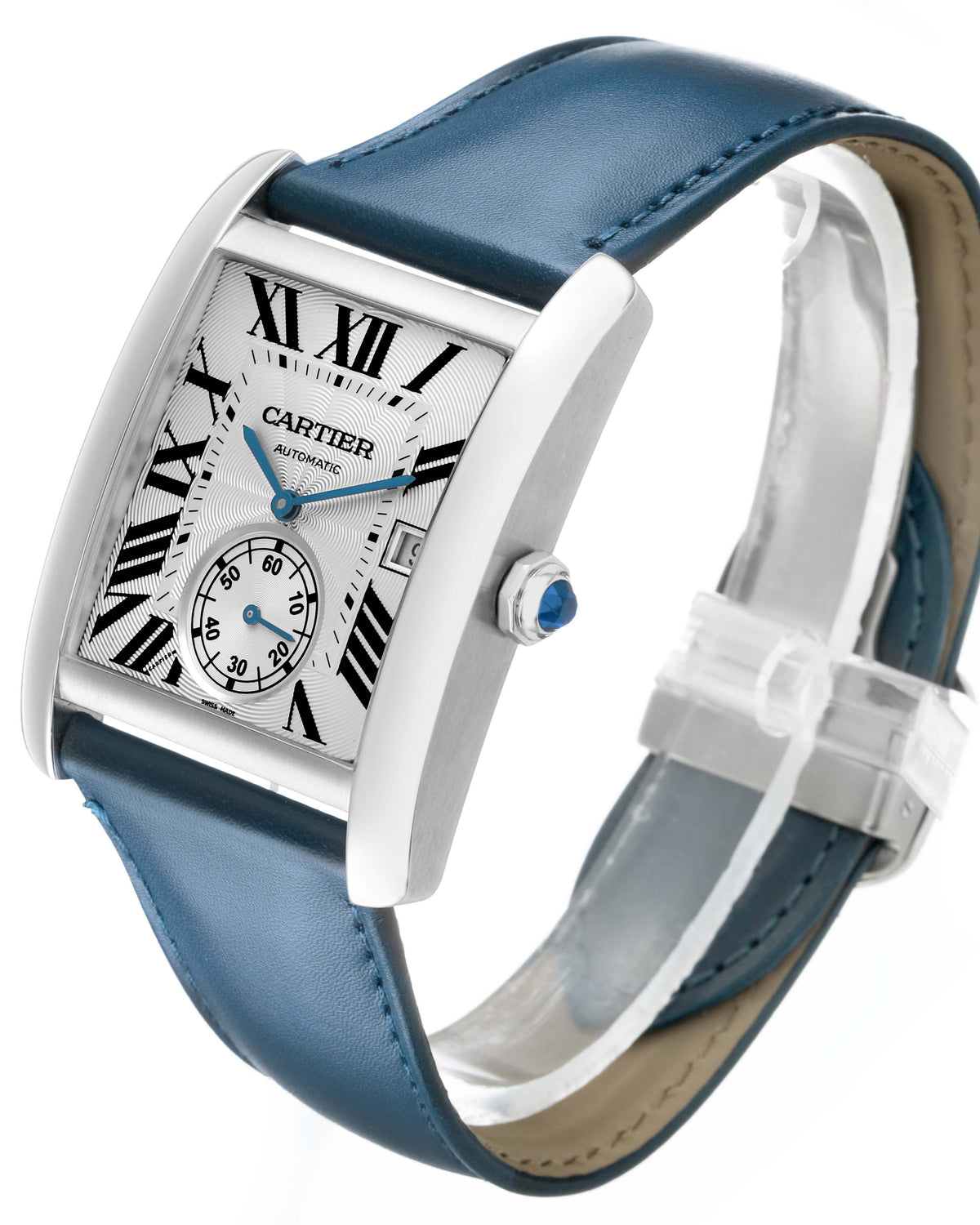 Cartier Tank MC Watch — Stainless Steel Case with Vibrant Blue Leather Strap