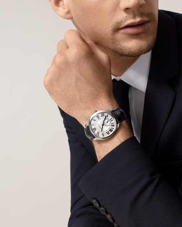 Cartier Drive de Cartier Watch — Silvered Flinqué Dial with Roman Numerals & Black Leather Strap