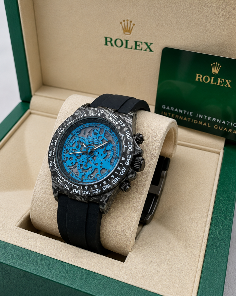 Rolex Cosmograph Daytona Style Watch — Carbon Case with Blue Skeleton Dial & Black Strap
