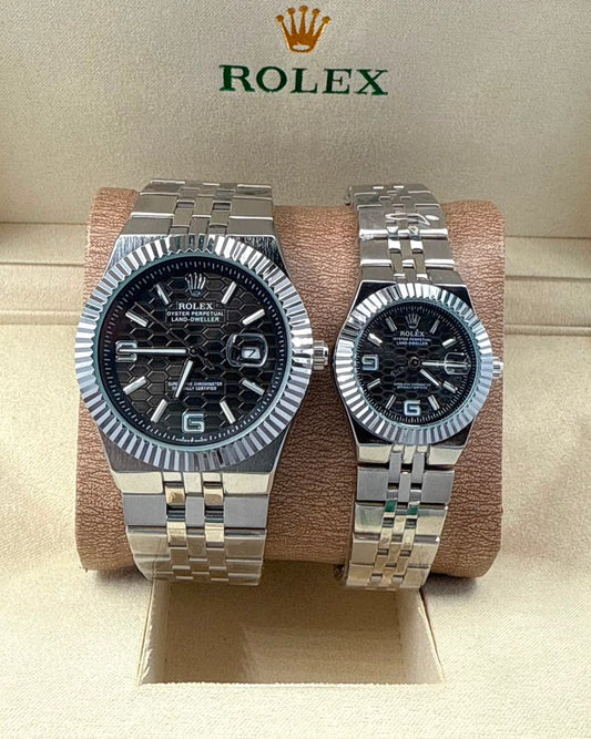 Rolex Land-Dweller Couple Watch Set — Silver-Tone with Patterned Black Dials & Fluted Bezels