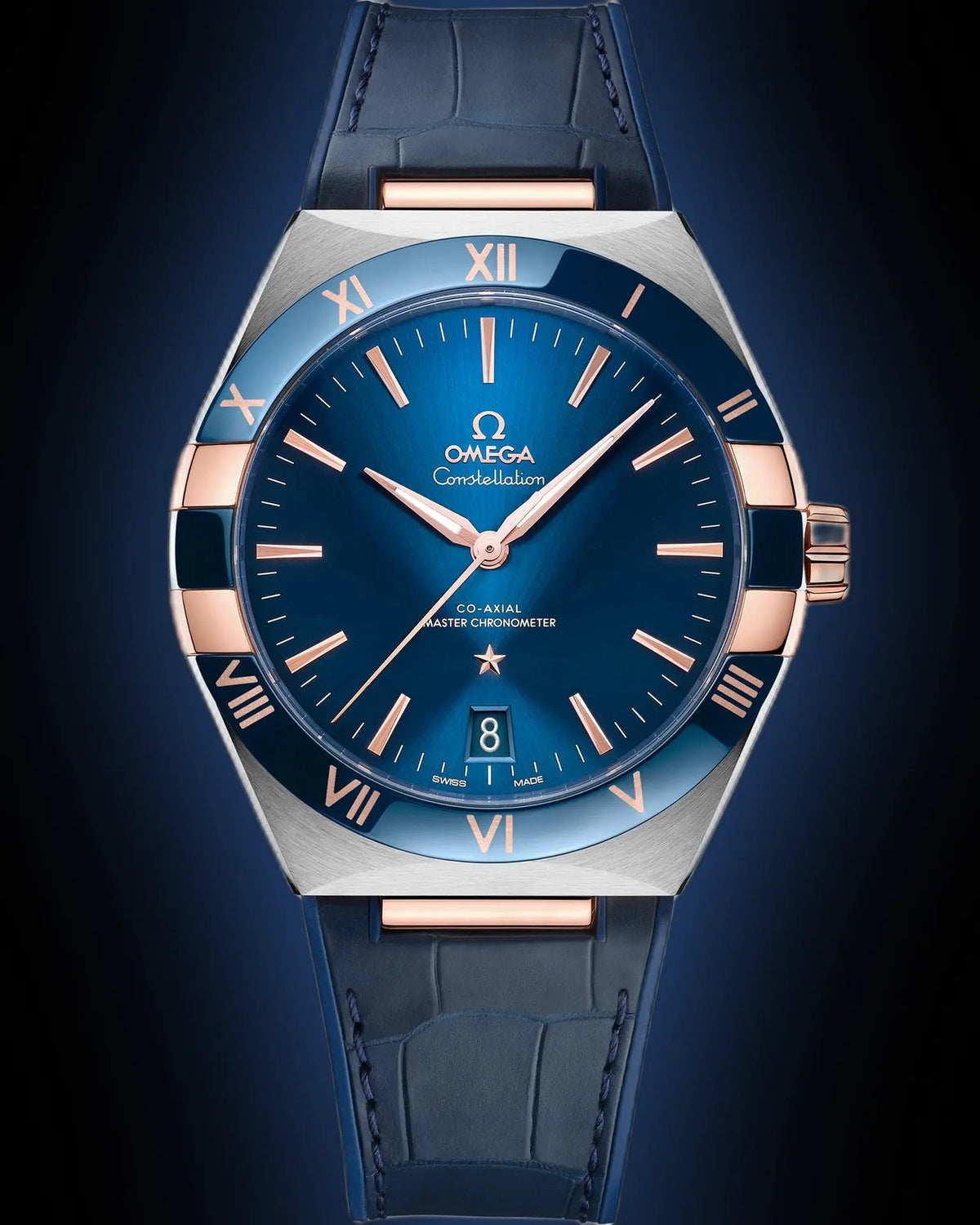 OMEGA Constellation Master Chronometer 41mm Watch — Blue Dial with Blue Leather Strap & Rose Gold-Tone Accents