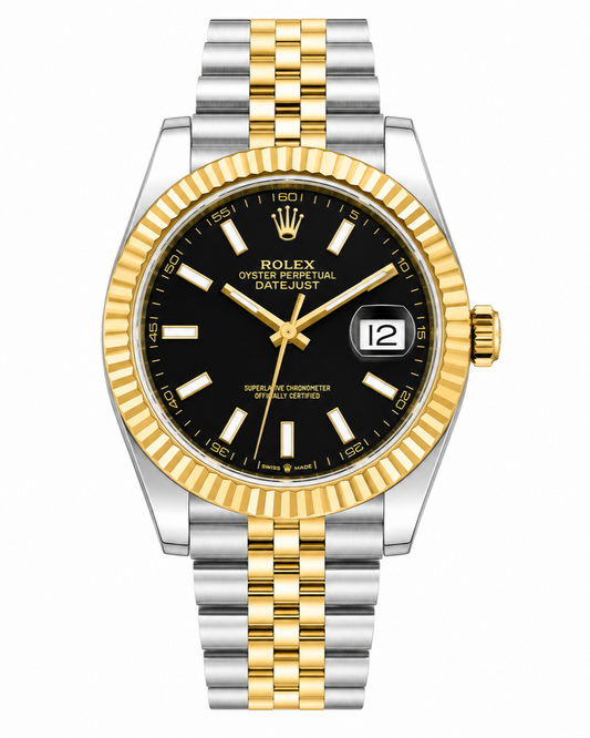 Rolex Datejust 41 Watch — Two-Tone Oystersteel & Yellow Gold with Black Dial & Fluted Bezel