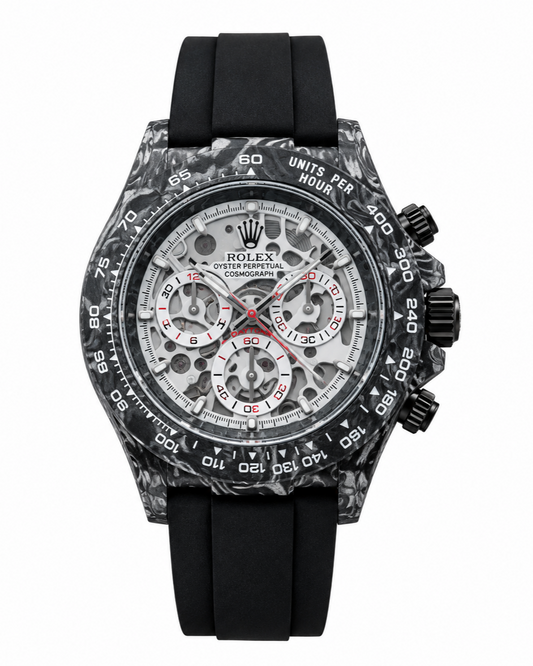 Rolex Cosmograph Daytona Style Watch — Custom Carbon Case with Black Rubber Strap