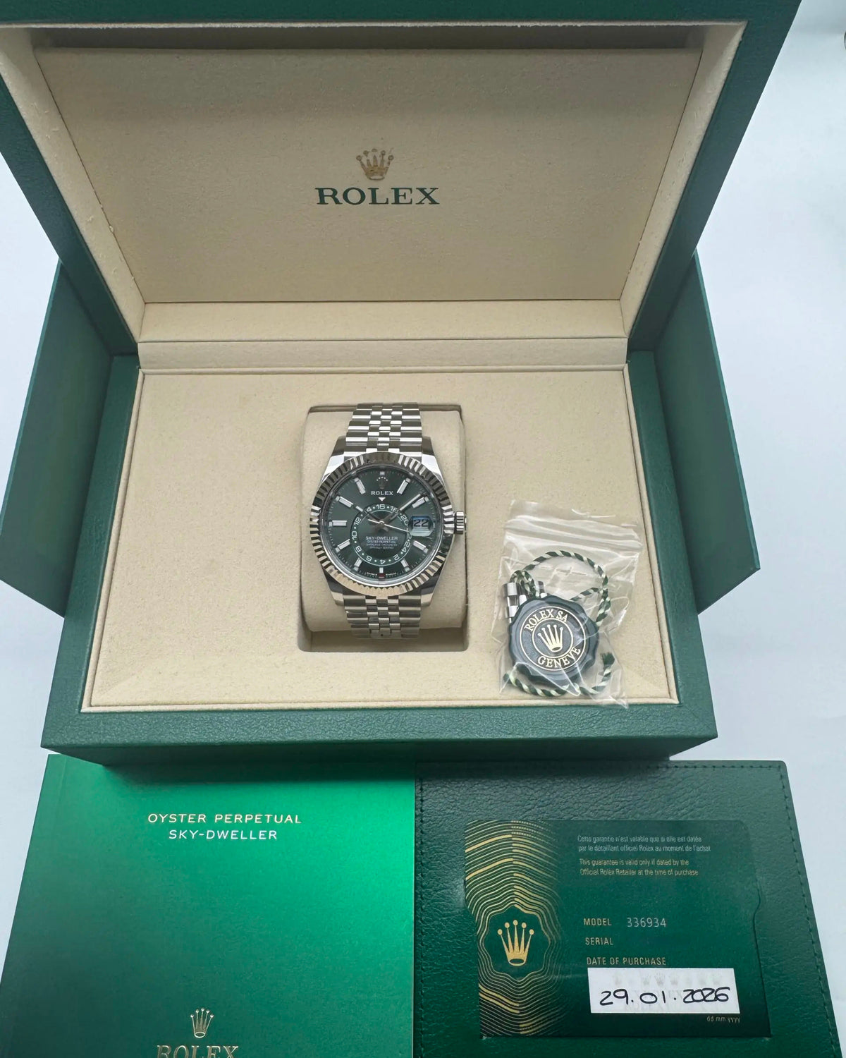 Rolex Sky-Dweller Watch — Bright Turquoise/Mint Dial with Fluted Bezel & Jubilee Bracelet