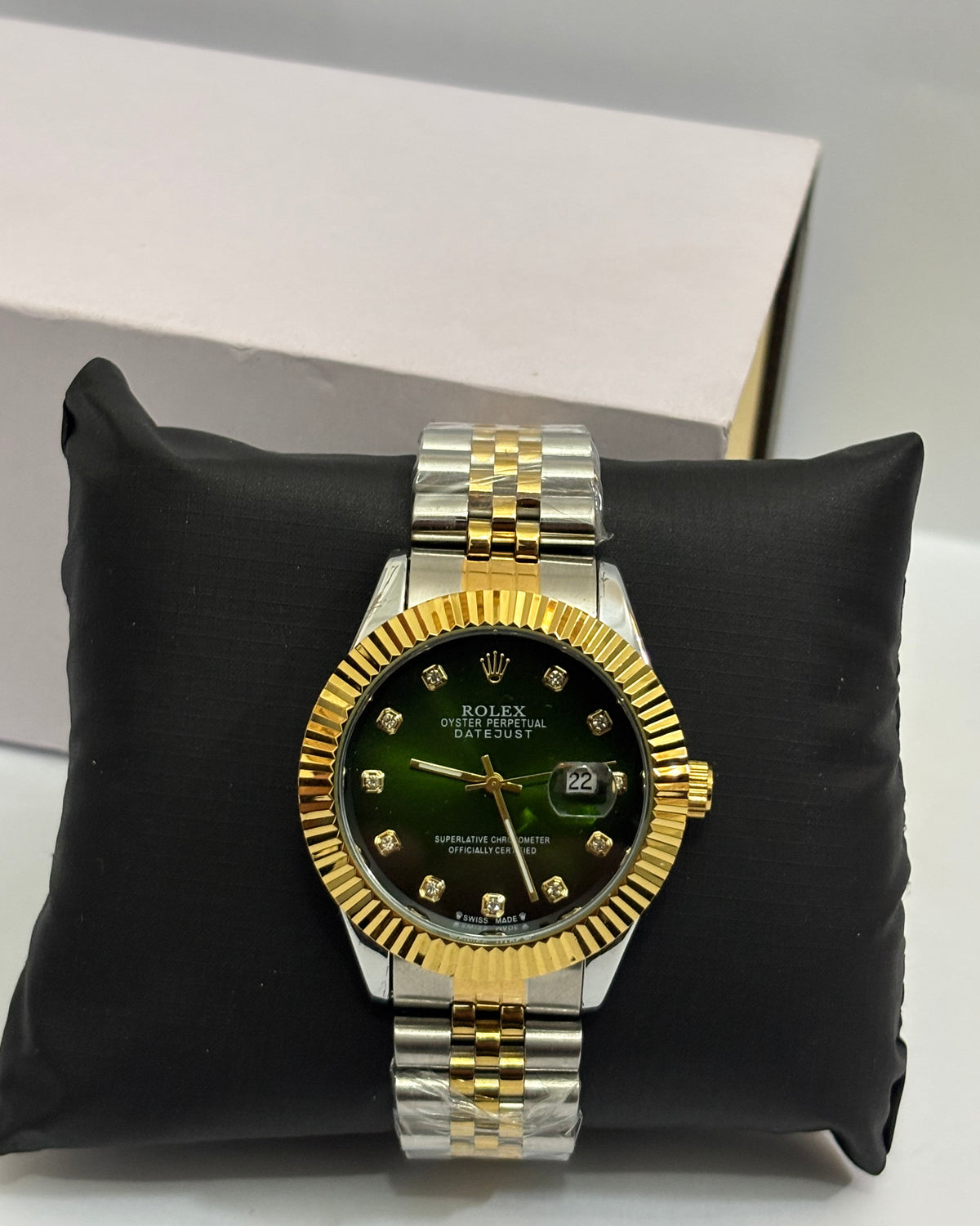 Rolex Datejust Watch — Two-Tone Finish with Fluted Bezel, Green Dial & Diamond Hour Markers