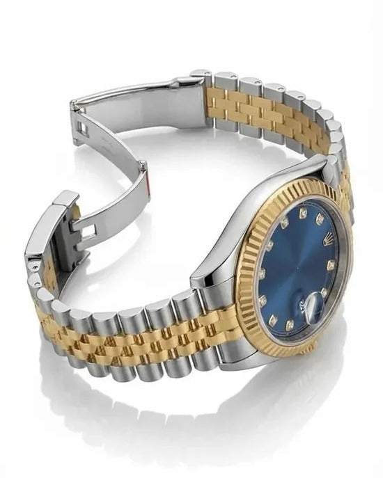 Rolex Datejust Watch — Two-Tone Gold & Silver Design with Striking Blue Dial & Fluted Bezel