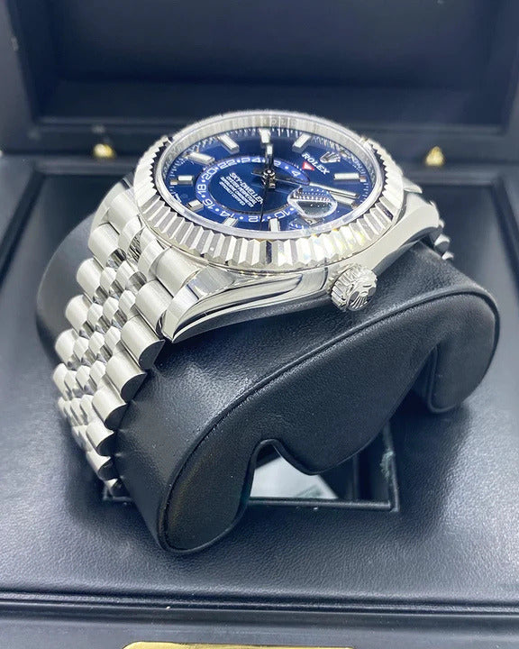 Rolex Sky-Dweller Watch — Vibrant Blue Dial with Oystersteel Case & Fluted White Gold Bezel
