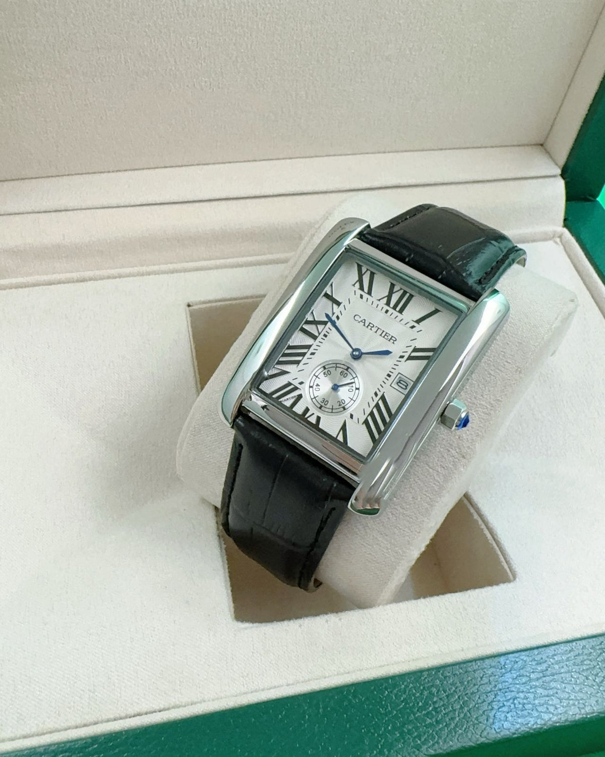 Cartier Tank MC Style Watch — Stainless Steel Case with Silver Guilloché Dial & Black Leather Strap