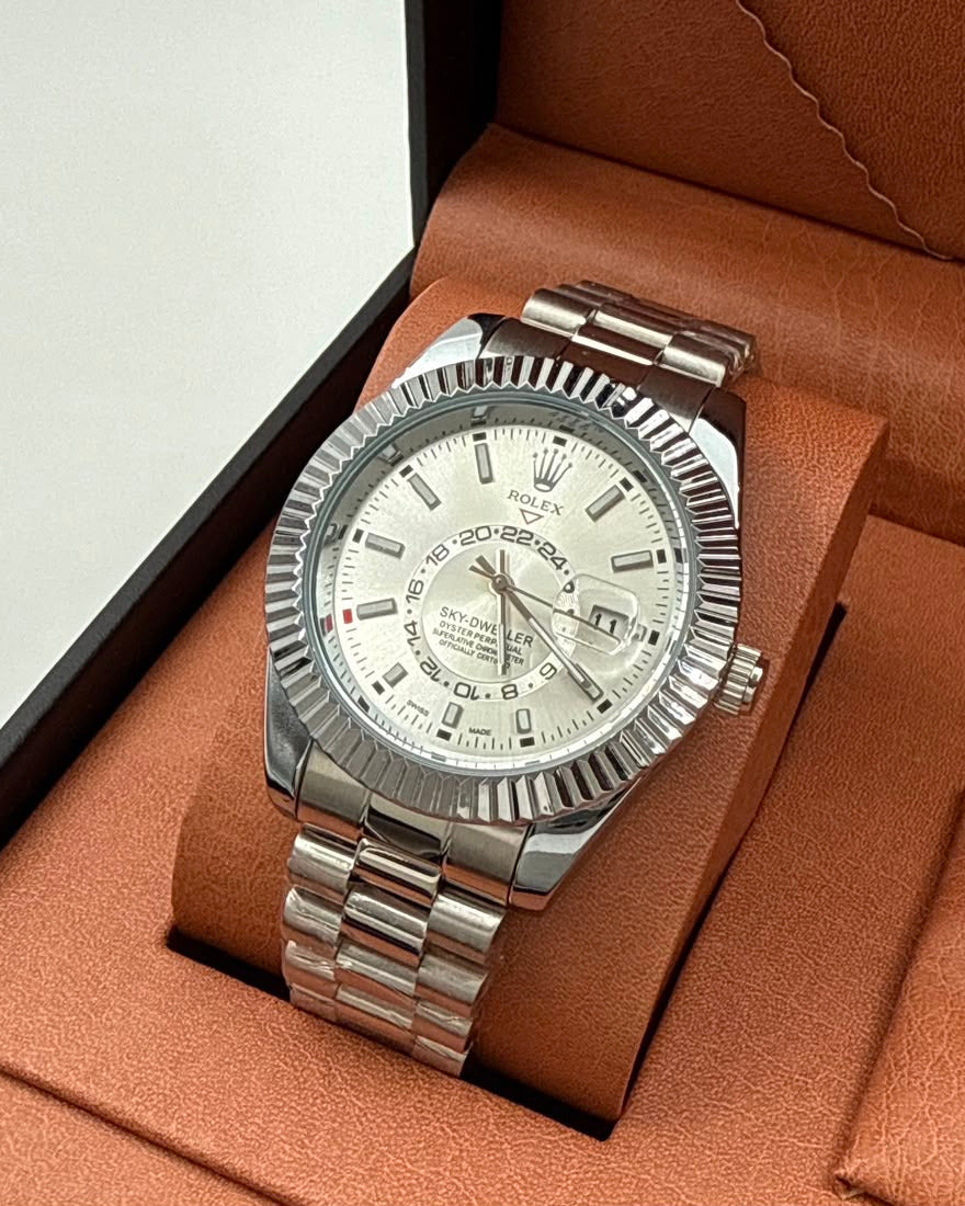 Rolex Sky-Dweller Style Watch — White Dial with Fluted Bezel & Luxury Bracelet