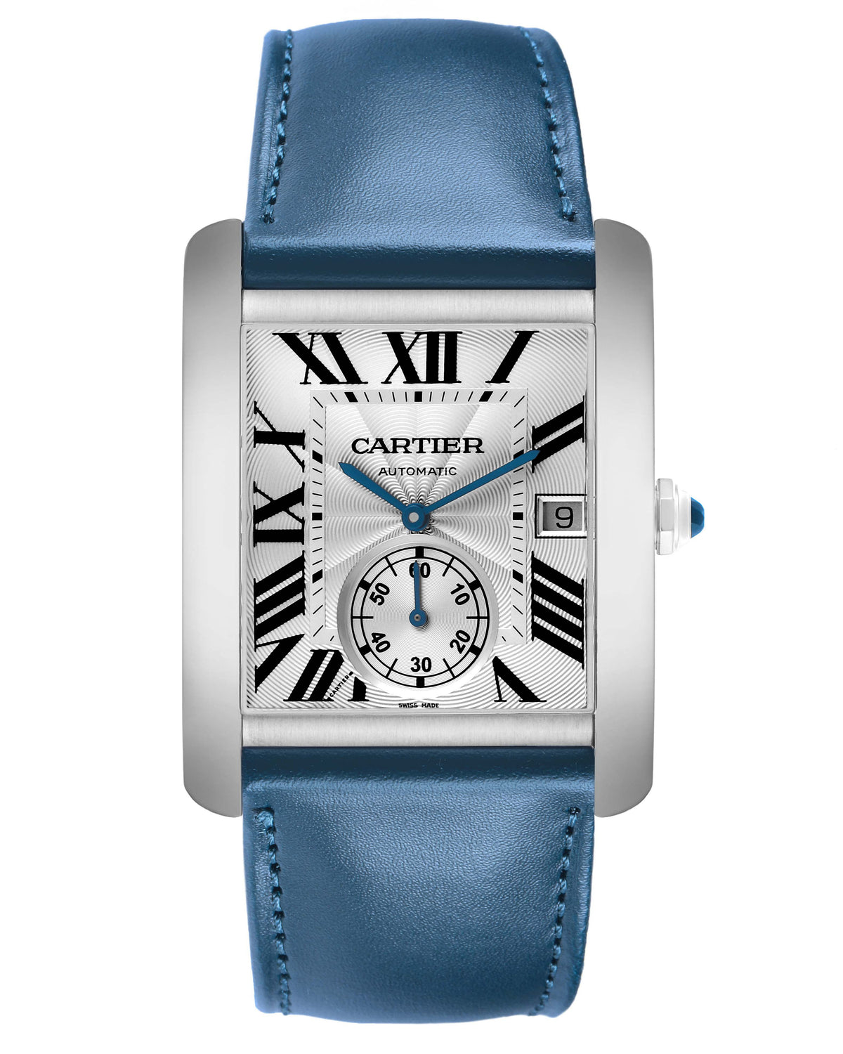 Cartier Tank MC Watch — Stainless Steel Case with Vibrant Blue Leather Strap