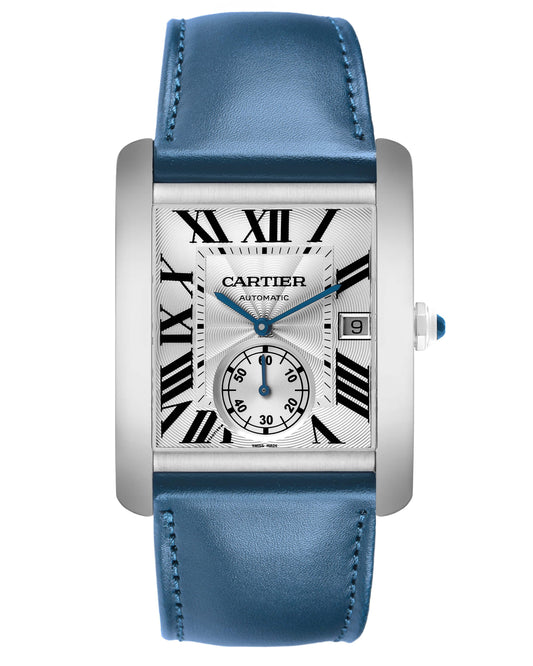 Cartier Tank MC Watch — Stainless Steel Case with Vibrant Blue Leather Strap