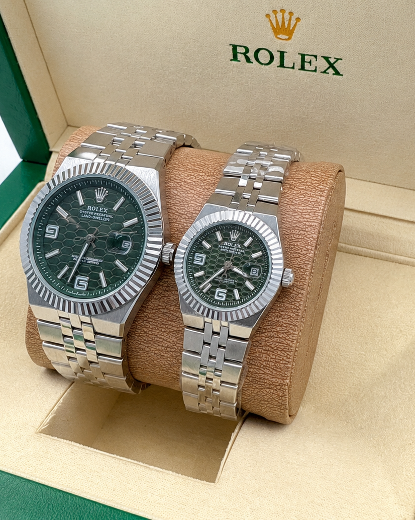 Rolex Land-Dweller Couple Watch Set — Green Honeycomb Dials with Fluted Bezels & Stainless Steel Bracelets