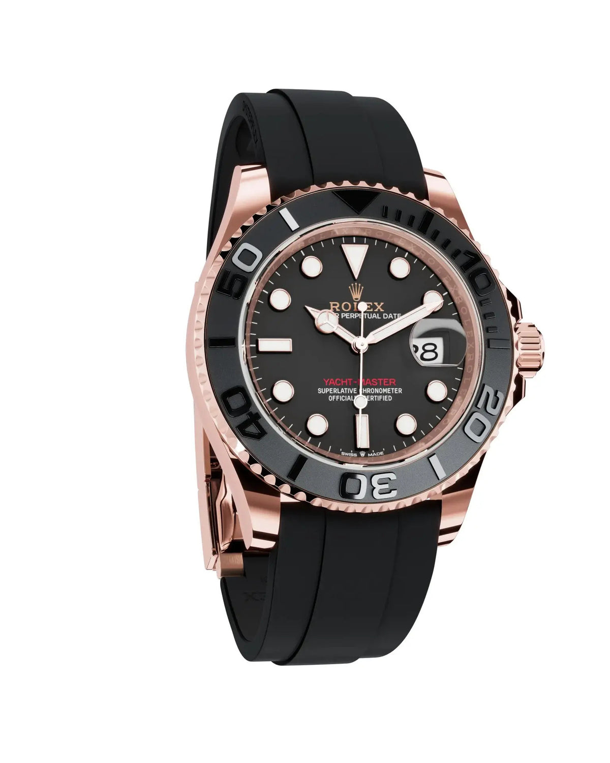 Rolex Yacht-Master Style Watch — Rose Gold-Toned Case with Black Dial & Rubber Strap