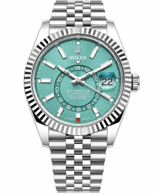 Rolex Sky-Dweller Watch — Bright Turquoise/Mint Dial with Fluted Bezel & Jubilee Bracelet