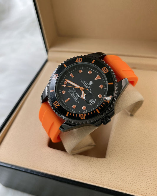 Rolex Submariner Style Watch — Black-Coated Case with Orange Rubber Strap