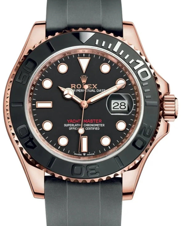 Rolex Yacht-Master Style Watch — Rose Gold-Toned Case with Black Dial & Rubber Strap