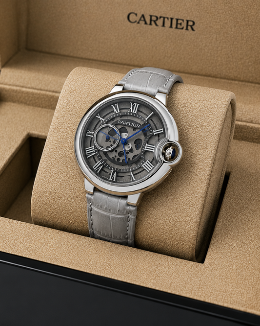 Cartier Ballon Bleu Watch — Silver-Tone Case with Grey Patterned Dial & Light Leather Strap
