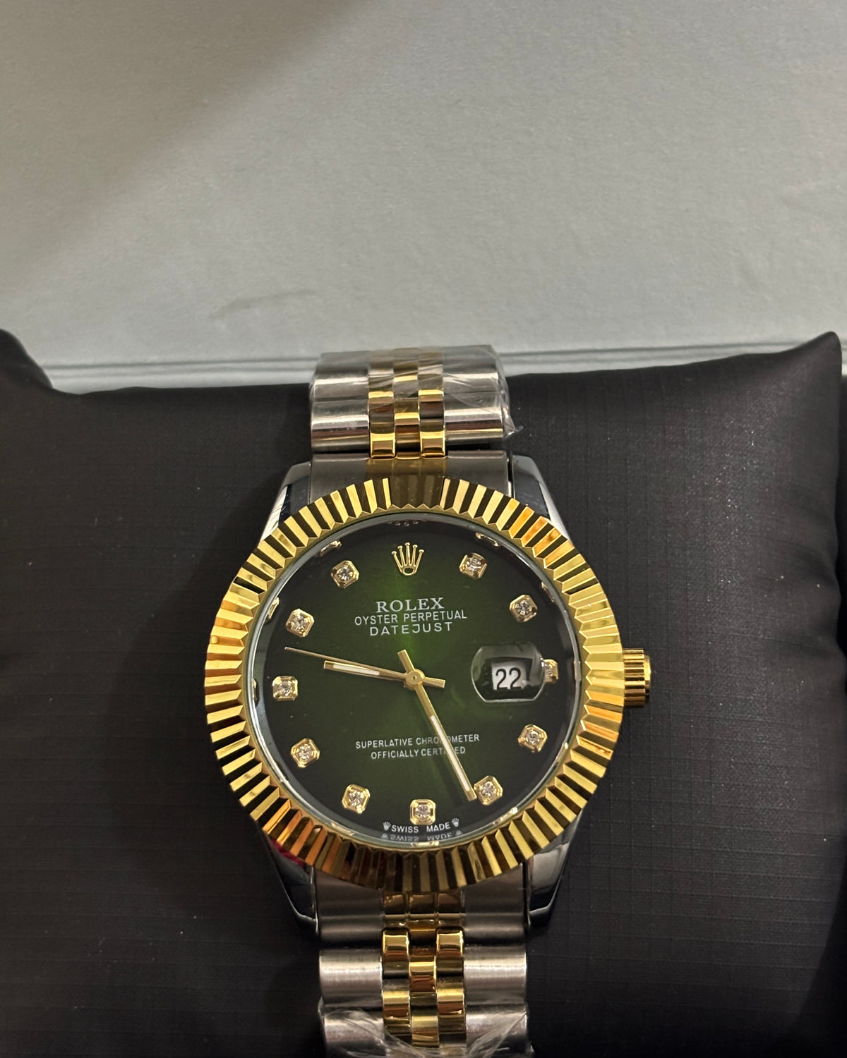 Rolex Datejust Watch — Two-Tone Finish with Fluted Bezel, Green Dial & Diamond Hour Markers