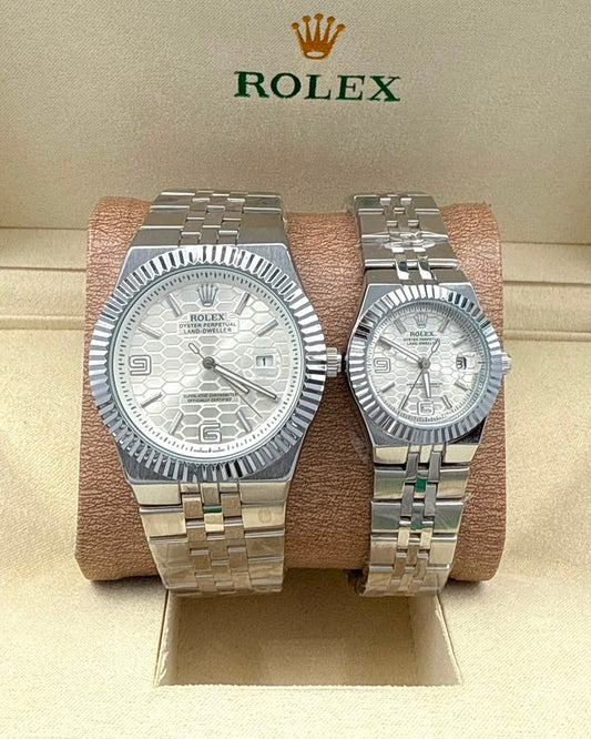 Rolex Land-Dweller Couple Watch Set — Silver-Tone with Geometric Patterned Dials & Fluted Bezels
