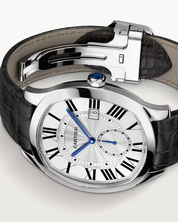 Cartier Drive de Cartier Watch — Silvered Flinqué Dial with Roman Numerals & Black Leather Strap