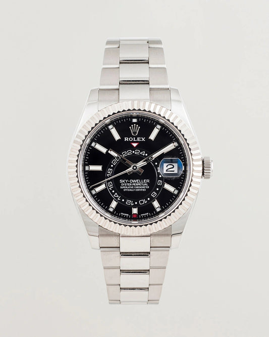 Rolex Sky-Dweller Watch — Bright Black Dial with Oystersteel Case & 18K White Gold Fluted Bezel
