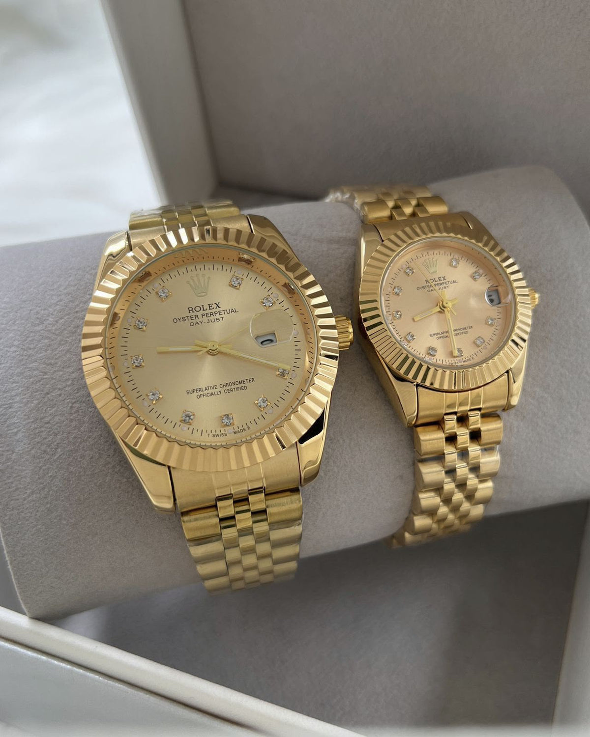 Rolex Oyster Perpetual Datejust Couple Watch Set — Gold-Tone with Champagne Dials & Diamond-Style Markers