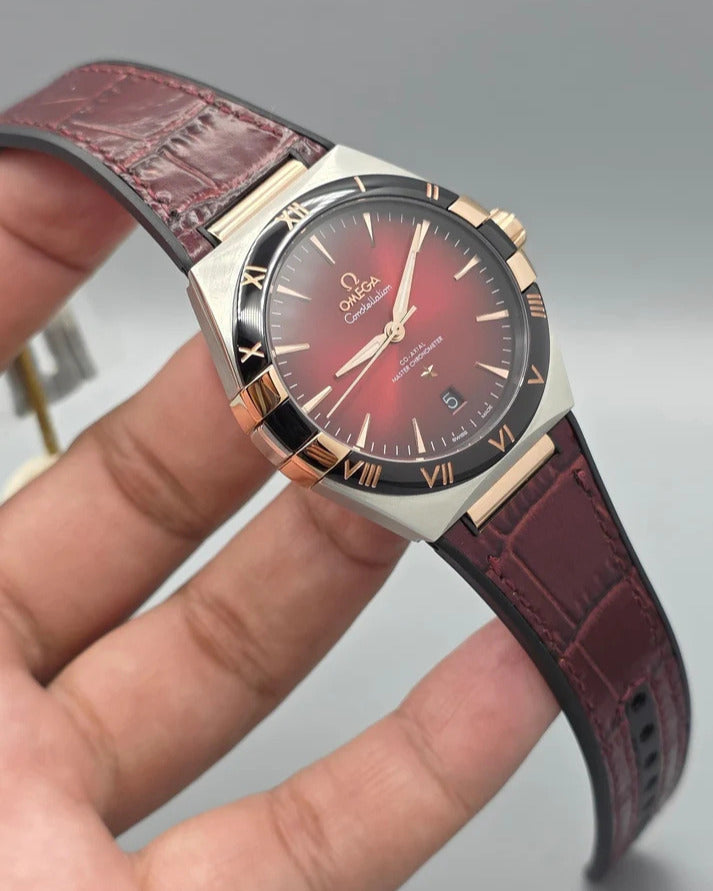 Omega Constellation Master Chronometer 41mm Watch — Burgundy-to-Black Gradient Dial with Matching Leather Strap