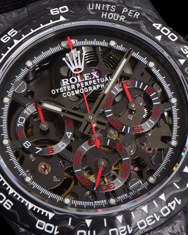 Rolex Cosmograph Daytona Watch — Carbon Case with Skeleton Dial & Dark Fabric Strap