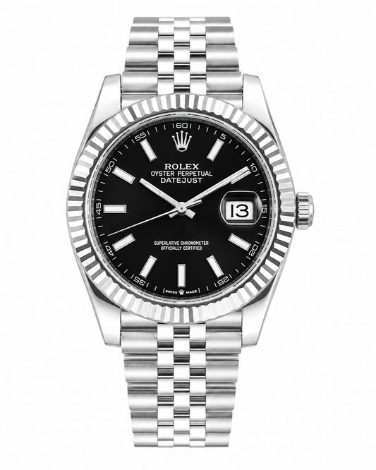 Rolex Datejust 41 Watch — Black Index Dial with White Gold-Toned Fluted Bezel & Jubilee Bracelet