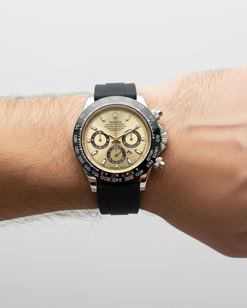 Rolex Cosmograph Daytona Watch — 18K Yellow Gold with Champagne Dial & Black Strap