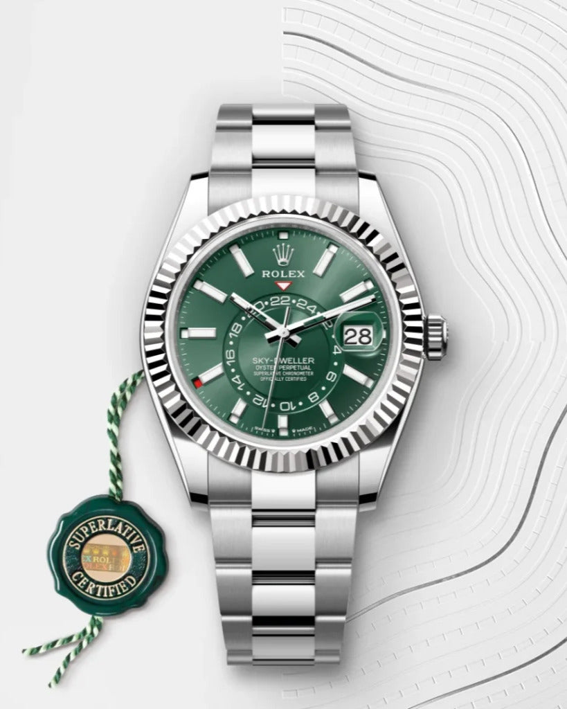 Rolex Sky-Dweller Watch — Striking Green Dial with Fluted Bezel