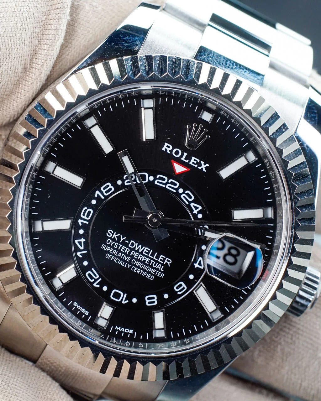 Rolex Sky-Dweller Watch — Bright Black Dial with Oystersteel Case & 18K White Gold Fluted Bezel