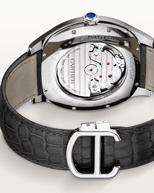Cartier Drive de Cartier Watch — Silvered Flinqué Dial with Roman Numerals & Black Leather Strap