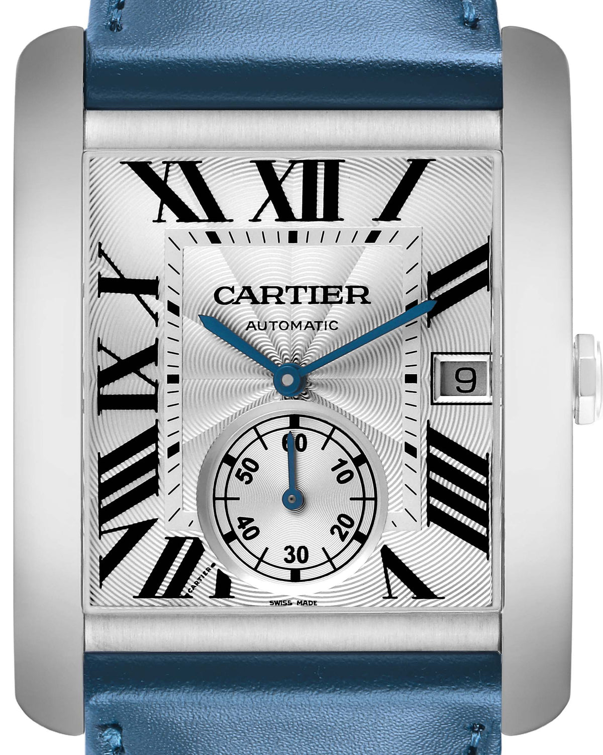 Cartier Tank MC Watch — Stainless Steel Case with Vibrant Blue Leather Strap