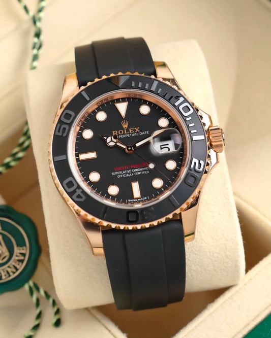 Rolex Yacht-Master Style Watch — Gold-Tone with Black Dial & Black Rubber Strap