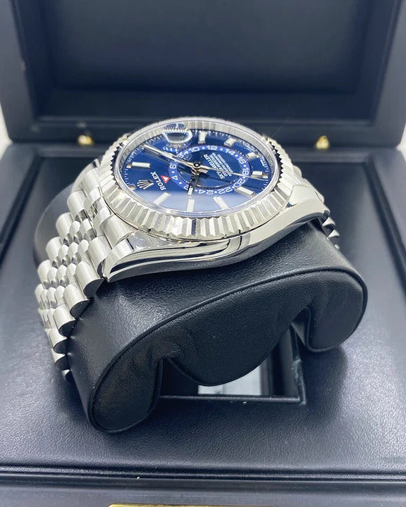 Rolex Sky-Dweller Watch — Vibrant Blue Dial with Oystersteel Case & Fluted White Gold Bezel