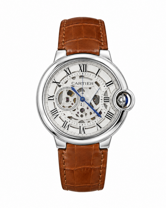 Cartier Ballon Bleu Tourbillon Watch — Skeleton Dial with Brown Leather Strap