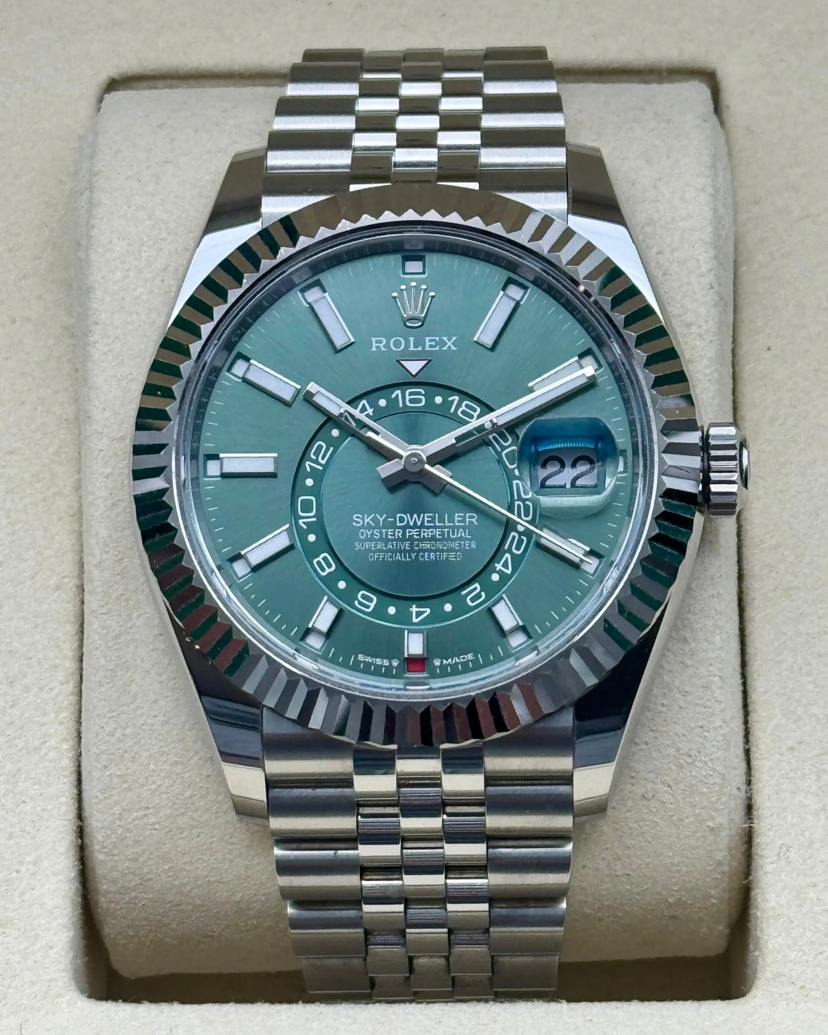 Rolex Sky-Dweller Watch — Bright Turquoise/Mint Dial with Fluted Bezel & Jubilee Bracelet