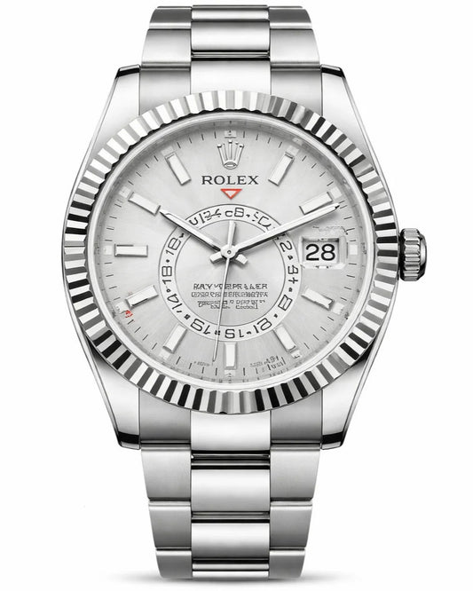 Rolex Sky-Dweller Style Watch — White Dial with Fluted Bezel & Luxury Bracelet