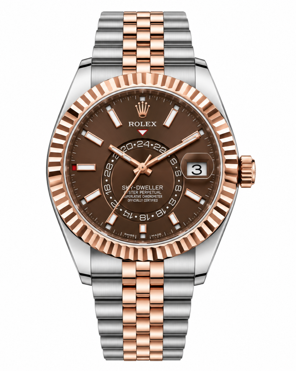 Rolex Sky-Dweller Style Watch — Chocolate Brown Dial with Rose Gold-Toned Case & Fluted Bezel