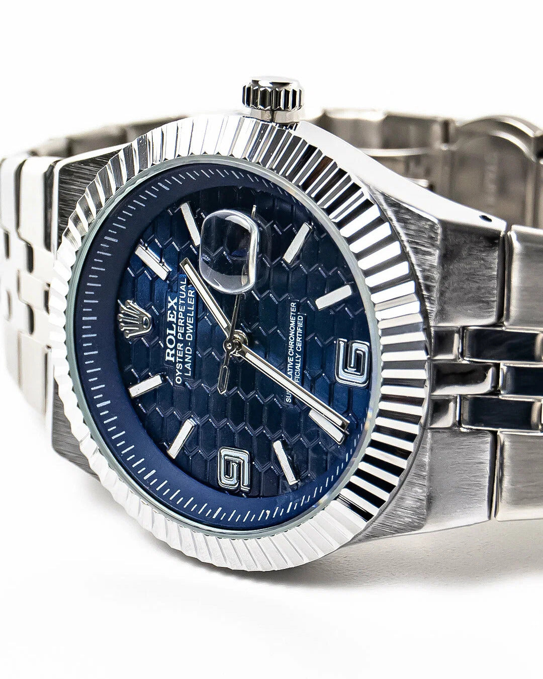 Rolex Oyster Perpetual Land-Dweller Watch — Distinctive Honeycomb-Patterned Dial with Fluted Bezel