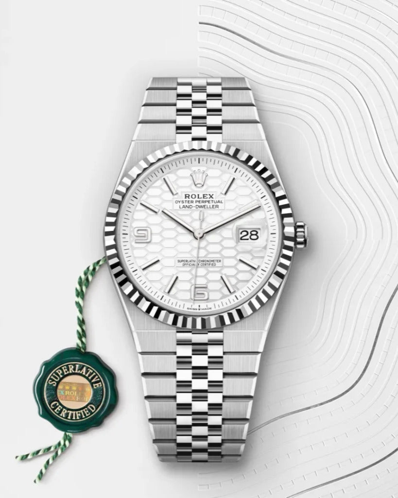 Rolex Land-Dweller Watch — Textured White Honeycomb Dial with Integrated Flat Jubilee-Style Bracelet