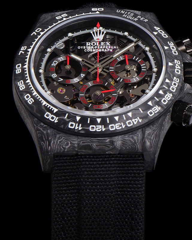 Rolex Cosmograph Daytona Watch — Carbon Case with Skeleton Dial & Dark Fabric Strap