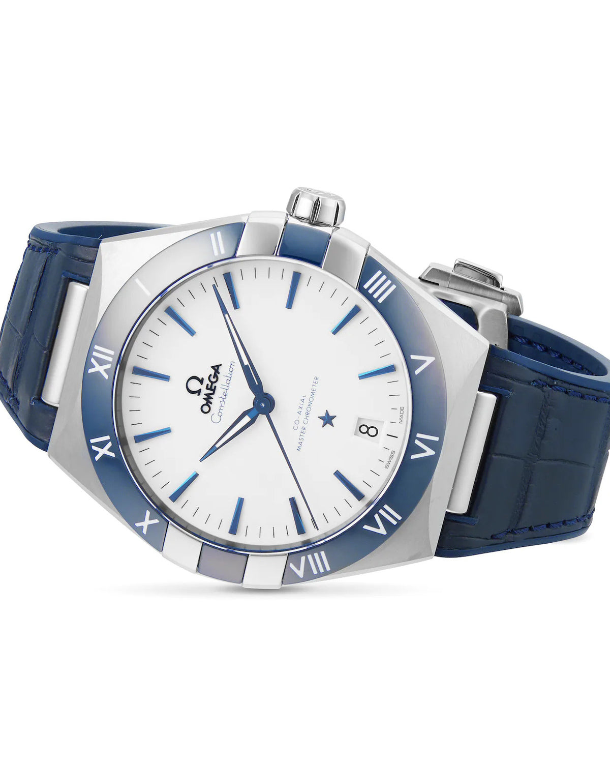Omega Constellation 41mm Watch — White Dial with Blue Leather Strap