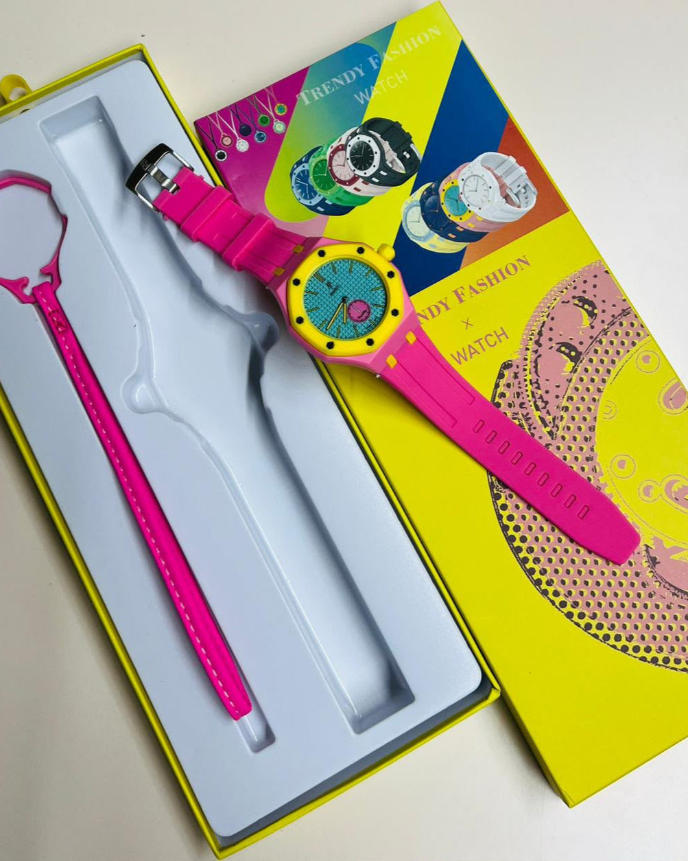 Audemars Piguet x Swatch Royal Oak Watch — Vibrant Pink Strap with Yellow Dial