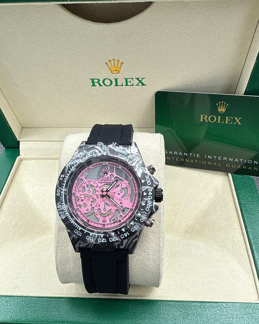 Carbon-Fiber Style Chronograph Watch — Pink Skeleton Dial with Black Strap