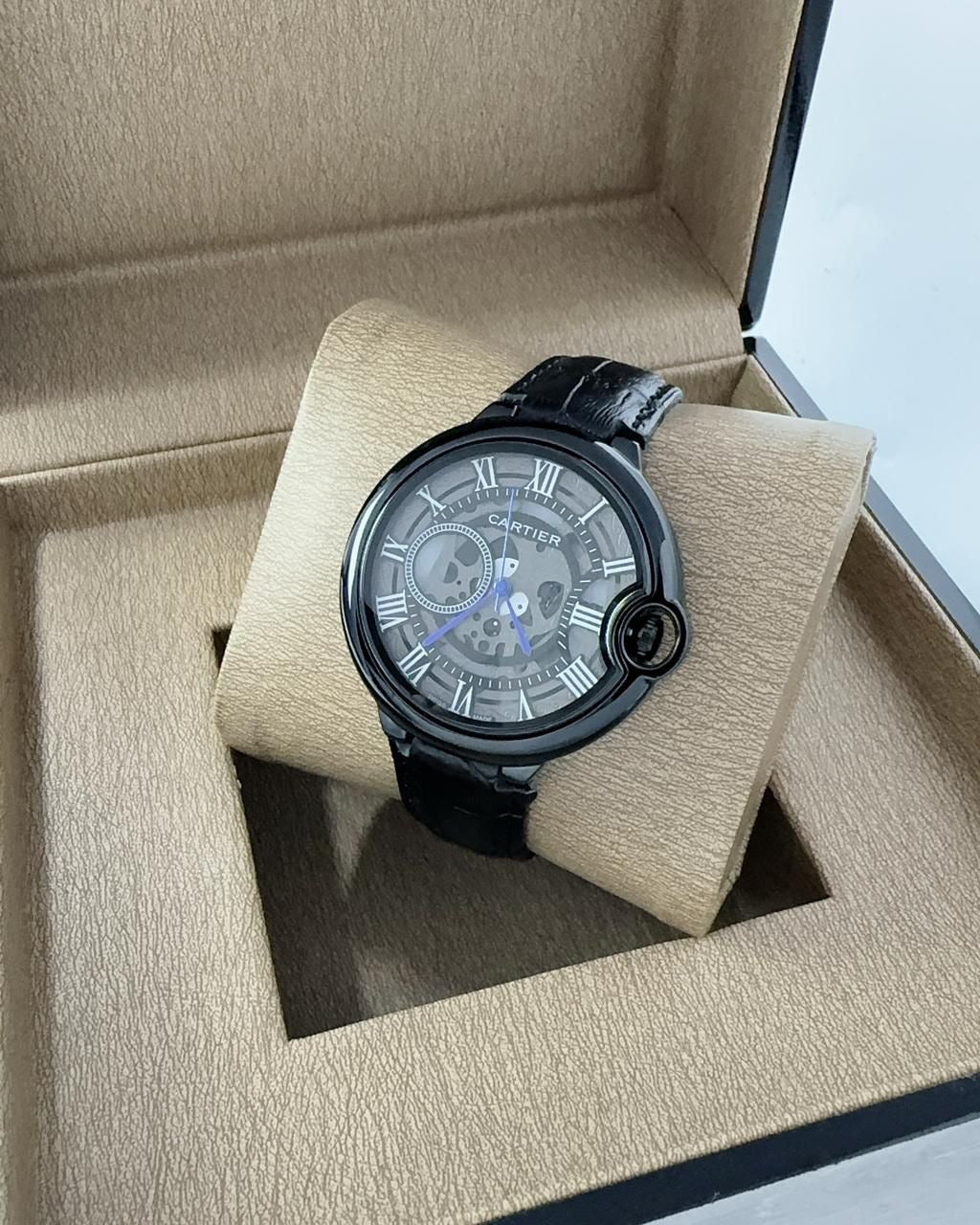 Cartier Ballon Bleu Style Watch — Skeletonized Dial with Black Leather Strap