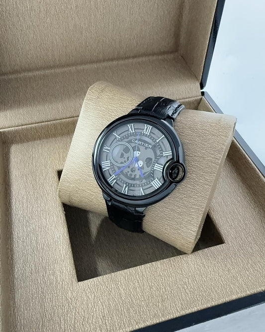 Cartier Ballon Bleu Style Watch — Skeletonized Dial with Black Leather Strap
