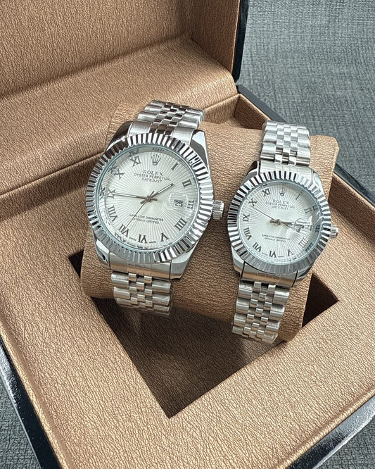 Rolex Oyster Perpetual Datejust Couple Watch Set — Silver-Tone with Roman Numeral Dials & Jubilee-Style Bracelets