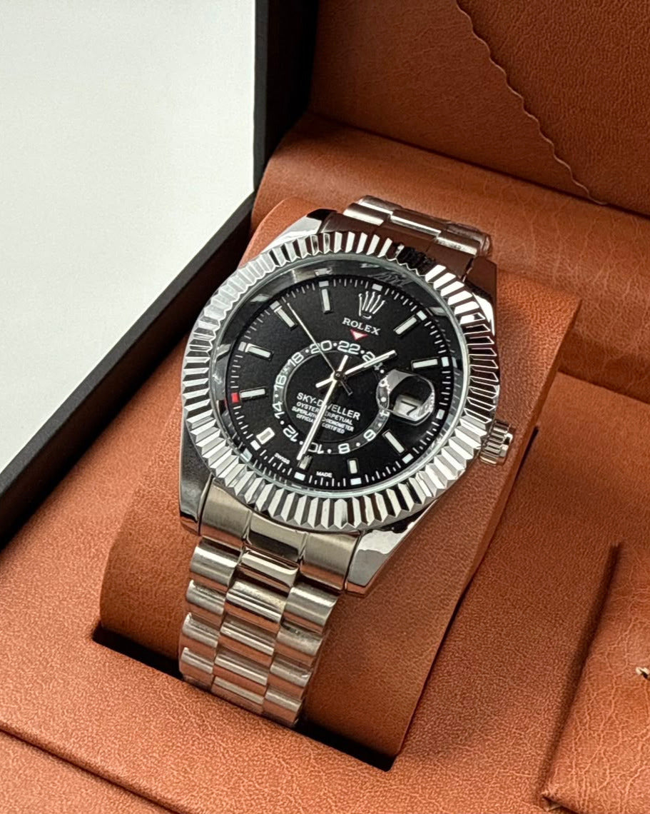 Rolex Sky-Dweller Watch — Bright Black Dial with Oystersteel Case & 18K White Gold Fluted Bezel
